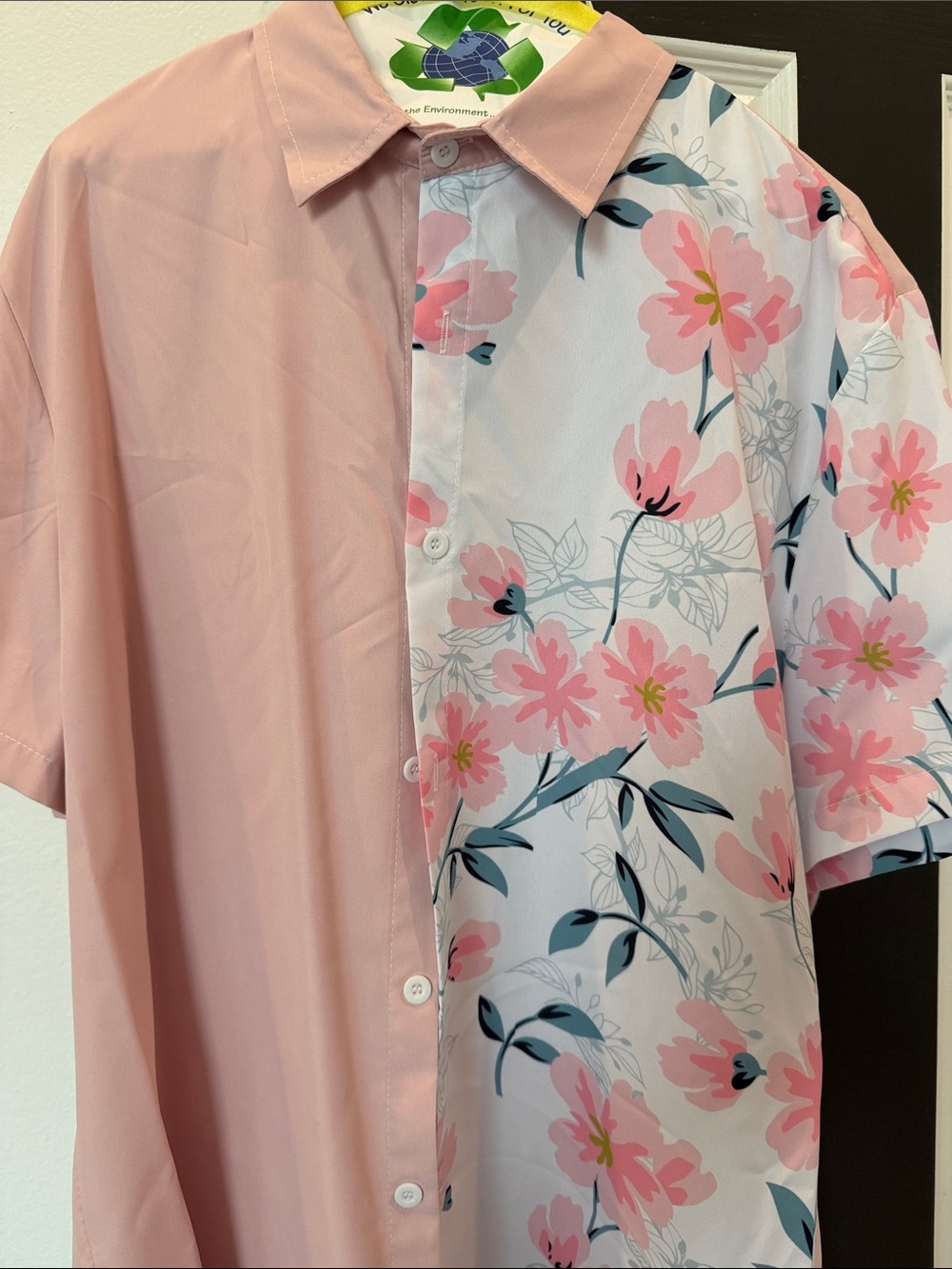 SHEIN Pink Half-Print Floral Short-Sleeve Button-Down Shirt